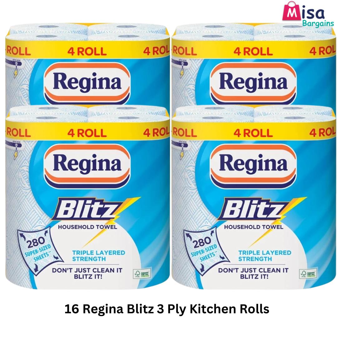 16 Rolls Regina Blitz 3 Ply 4 Rolls Per Pack 280 Sheets Per Roll Ultimate Absorption 16 Rolls Regina Blitz 3 Ply 4 Rolls Per Pack 280 Sheets Per Roll Ultimate Absorption